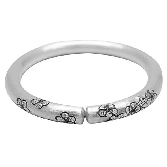 Vintage Flower Engraved Sterling Silver Cuff Bangle Bracelet - Picture 1 of 5